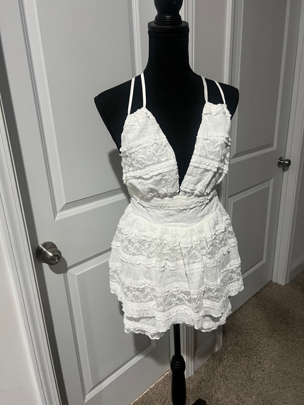 White Lace Ruffled Deep V Shorts Romper